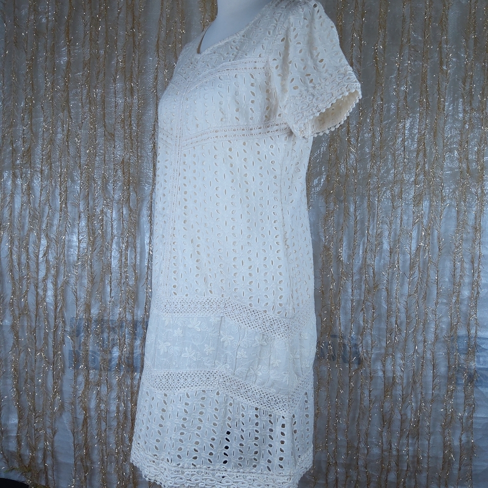 Sundance River Eyelet Dress Lined Petite Size 6 P6 Cream Color Above The Knee - Picture 3 of 11
